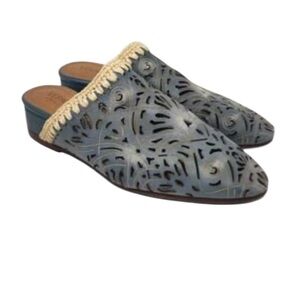 Veracruz Olivetta Leather Blue Pointed Cut Out Embroidered Slip On Mules Shoes